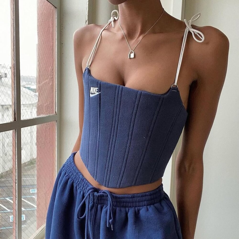 Almost On Time Navy Upcycled Paneled Corset Top Handmade Size S/M